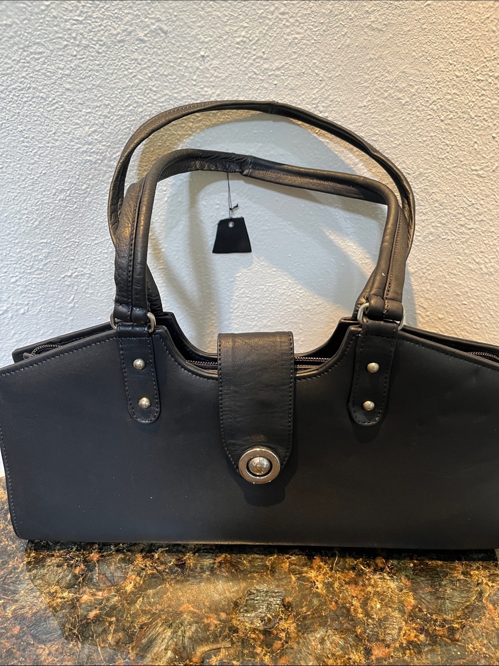 Structured Black Satchel with Front Snap Tab